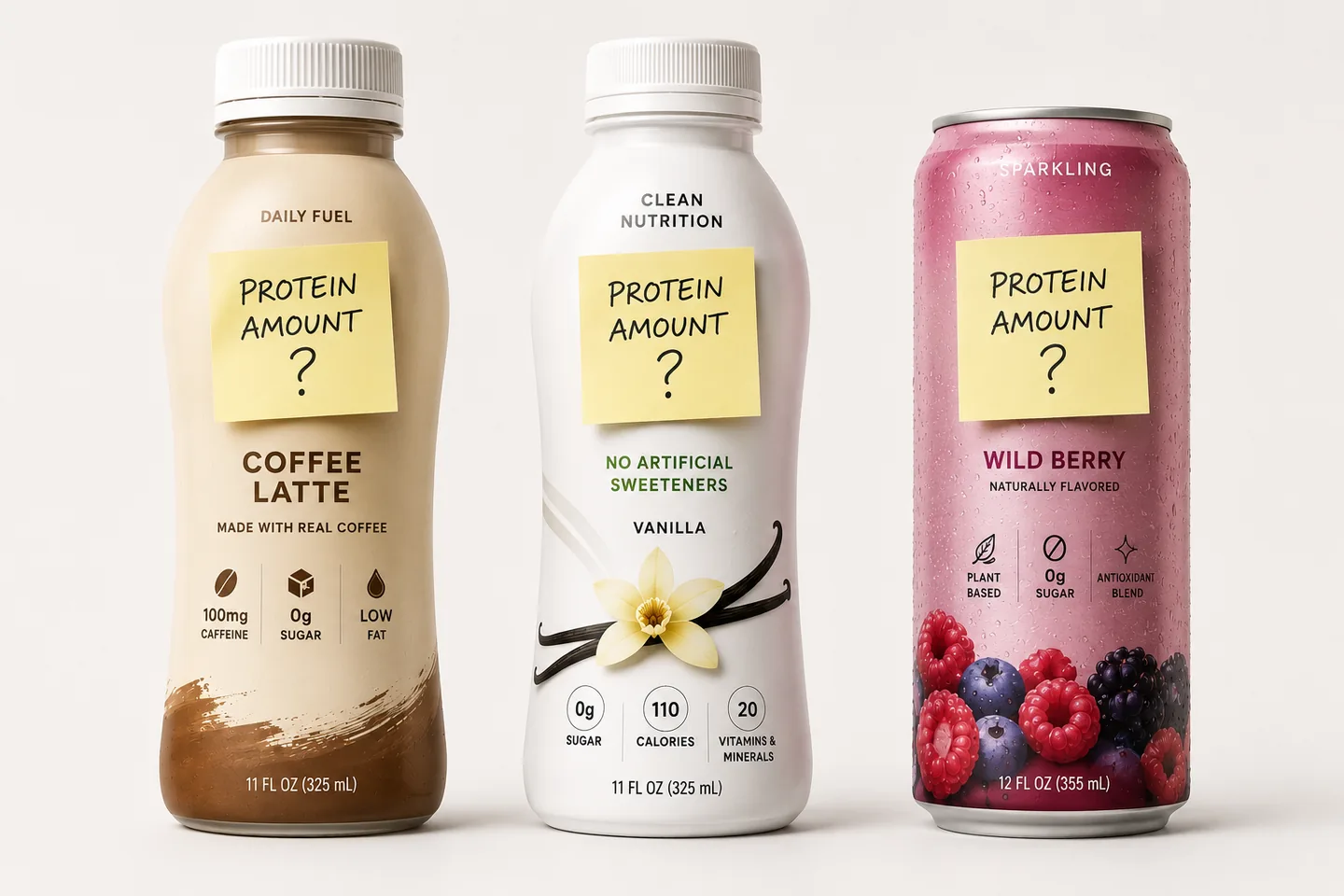 Three ready-to-drink protein beverages with notes questioning their protein amount