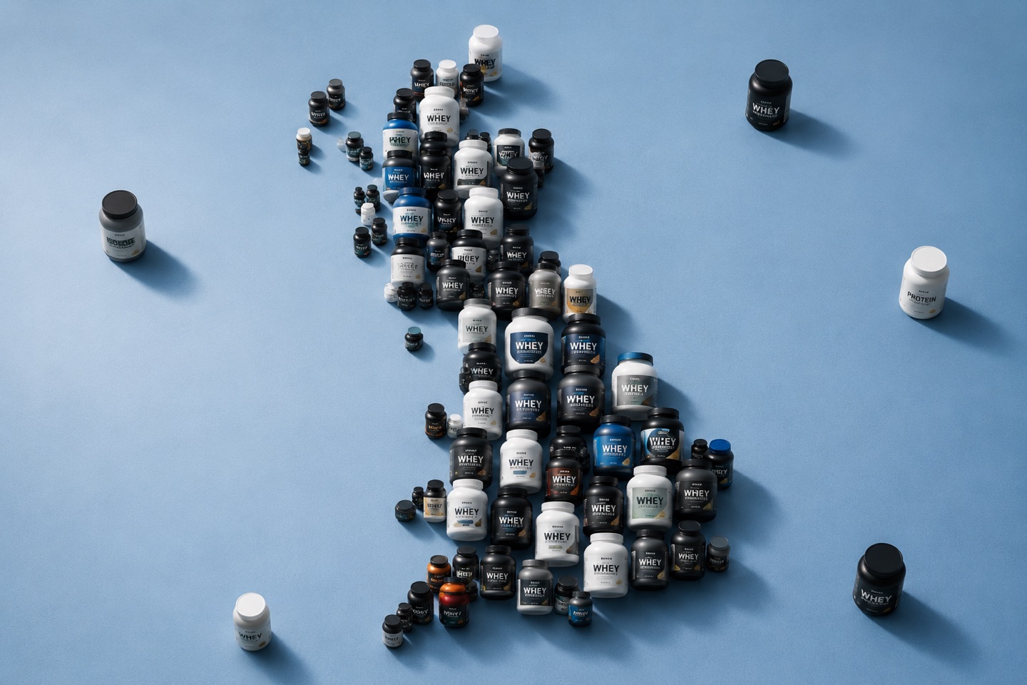 Protein powder tubs arranged in the shape of the United Kingdom
